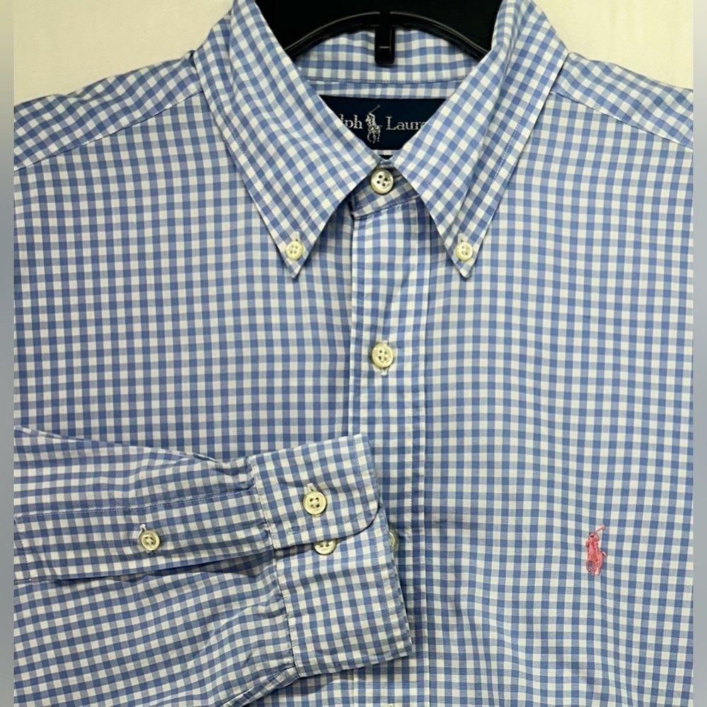 Polo Ralph Lauren Yarmouth Shirt Mens 16 34/35 Blue Gingham Check Pink Pony